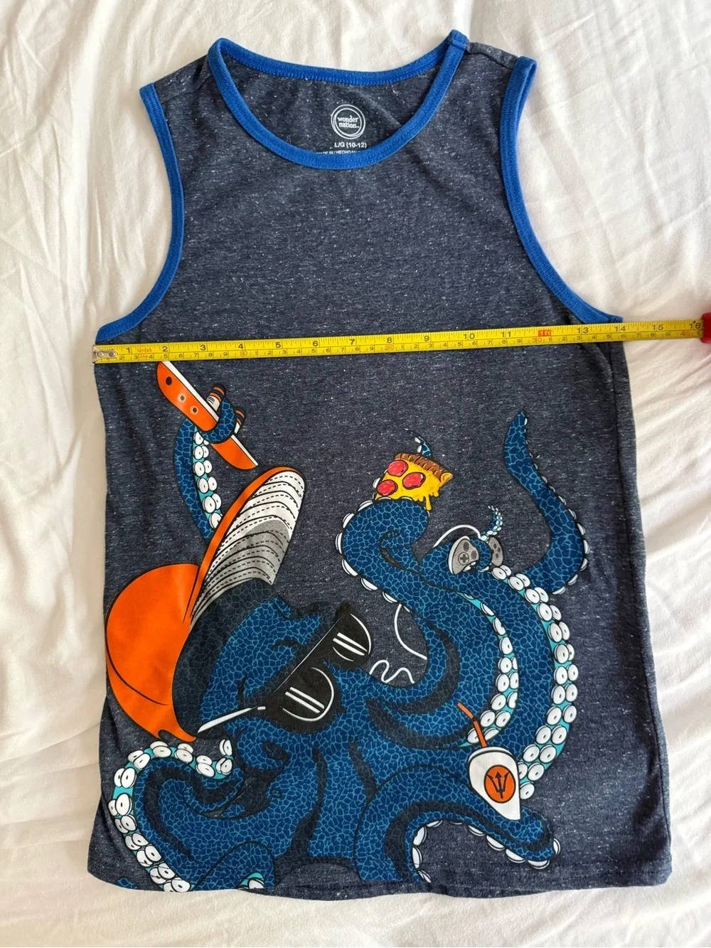 WONDER NATION Tank Top Shirt Youth Large 10/12 Blue Octopus Pizza Sleeveless